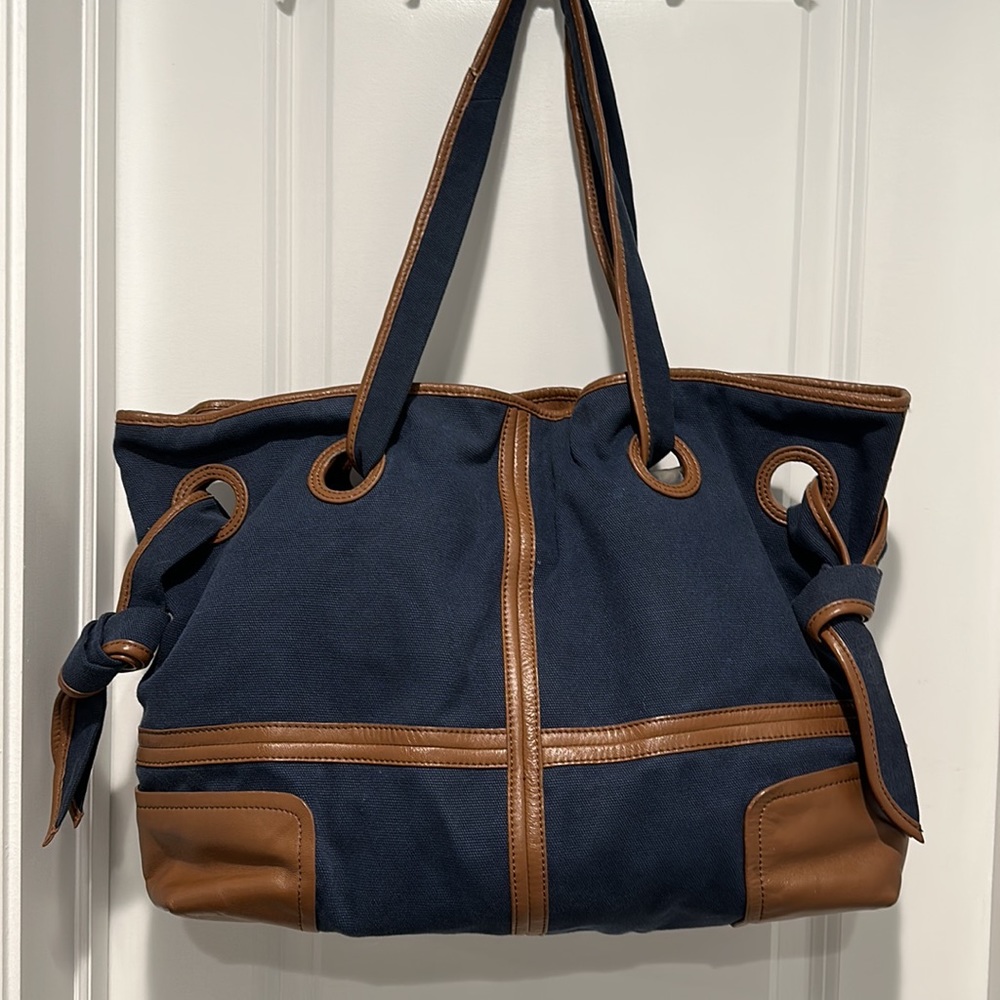 Kooba Blue Canvas/Brown Good Quality Pleather Hobo Bag Satchel